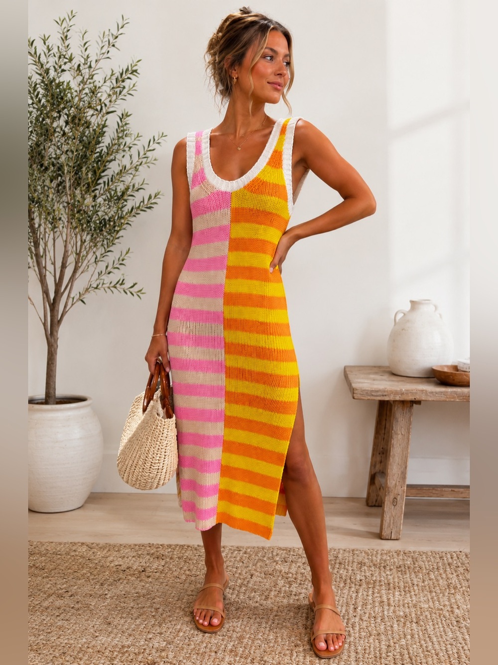 STAUD Seashore Rib Knit Midi Dress Striped Colorblock Sleeveless Small NWT